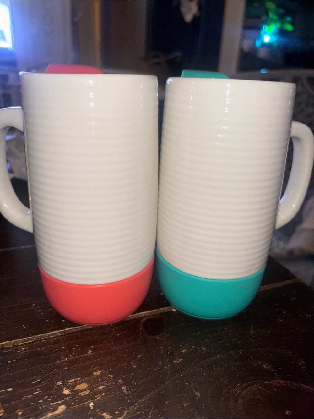 Ello White Ceramic Travel Mugs with Coral and Teal Bases/Tops - Set of 2